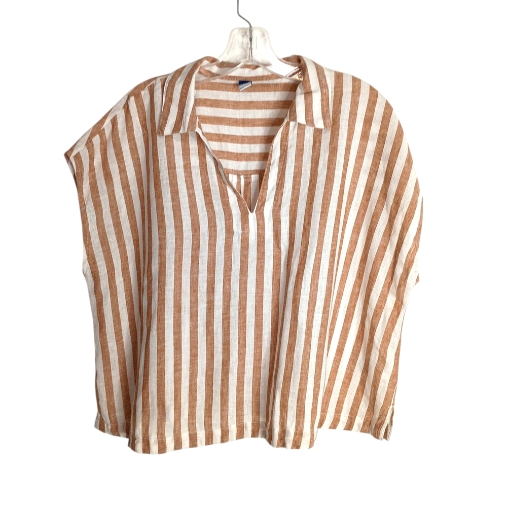 Old Navy - Linen Blend Striped V-Neck Tunic Top in White and Tan - L